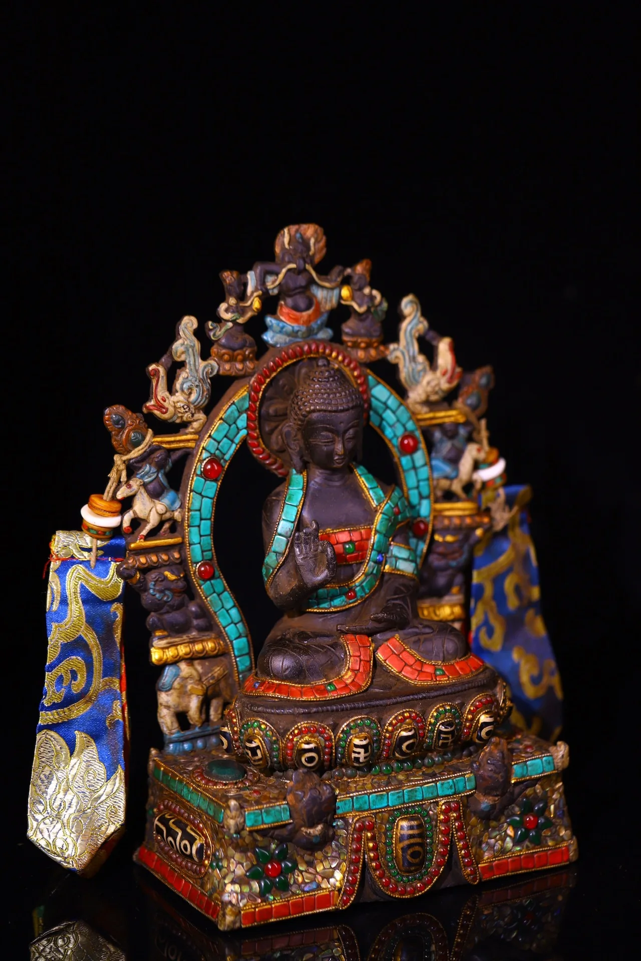 

10"Old Nepalese temples Old Bronze Painted Mosaic Gem gZi Beads Turquoise Shakyamuni Buddha Buddhist Niche Worship Hall