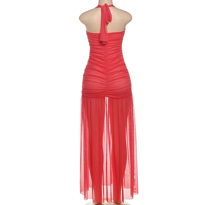 Vestido largo ajustado fruncido de malla transparente para mujer, vestido Sexy sin tirantes con cordones y cuello Halter y espalda descubierta, vestido largo ajustado para fiesta, ropa para discoteca