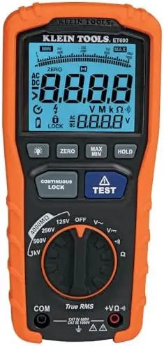 

Мультиметр и тестер изоляции Klein Tools ET600 с автоматическим определением диапазона TRMS – 1000В, 4000 Ом