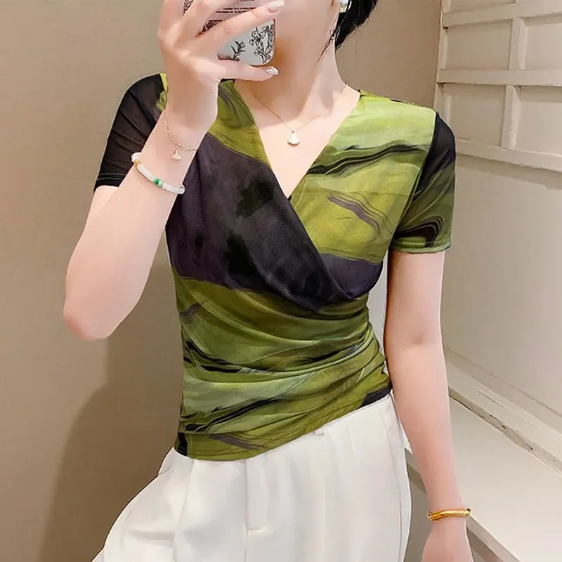 

Elegant Women V Neck Blouse With Printed Design Slim Fit Short Sleeve Summer Wear