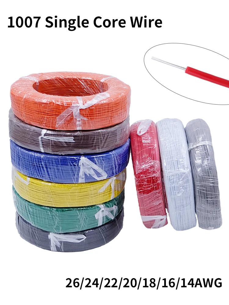 Copper Wire Single Core Cable 26 24 22 20 18 AWG PVC Insulation Solid Tinned Plated Cord Electric Line DIY LED Cable UL1007 Wire