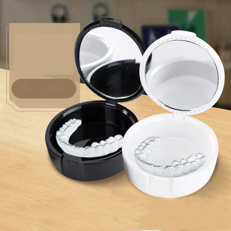 Dental Oval Shaped Mirror Orthodontic Holder Box Denture Storage Box Compact and Easy to Carry Mirror Small Tooth Box