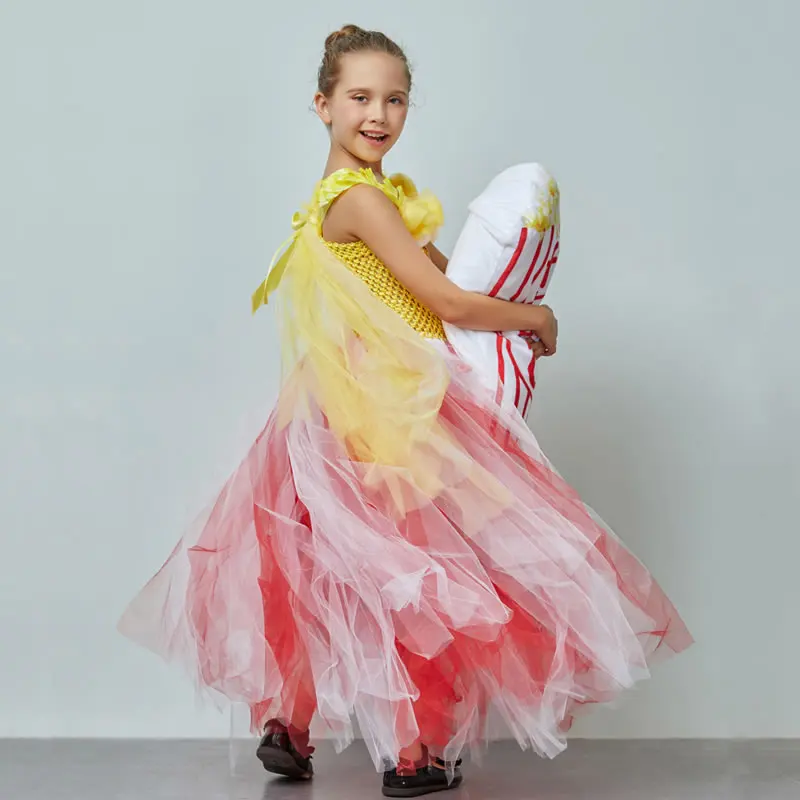 Halloween Popcorn Costume For Teen Girl Lace TUTU Dress Festive Child Up Sling Bow Princess Tunic Kid Party Frock Clothes