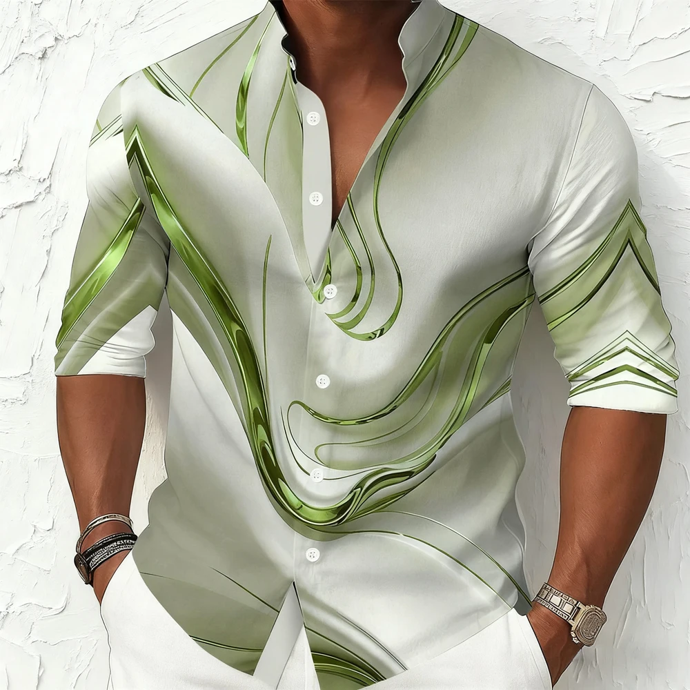 Men's Retro Stand Collar Gradient Natural Pattern 3D Printed Shirt Men's Spring and Autumn Long Sleeve Business Casual Outdoor