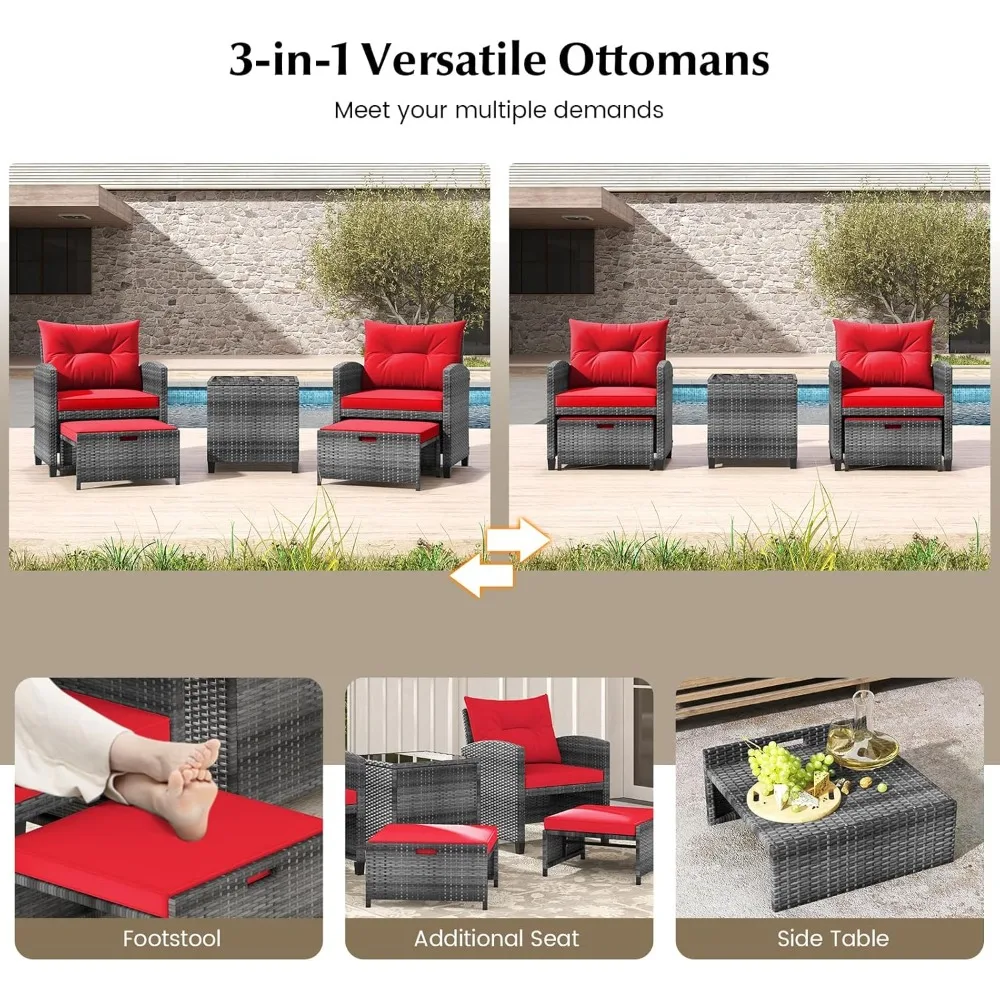 Set di mobili da giardino con pouf, set da conversazione da patio in vimini con tavolino e cuscini, rattan PE da esterno