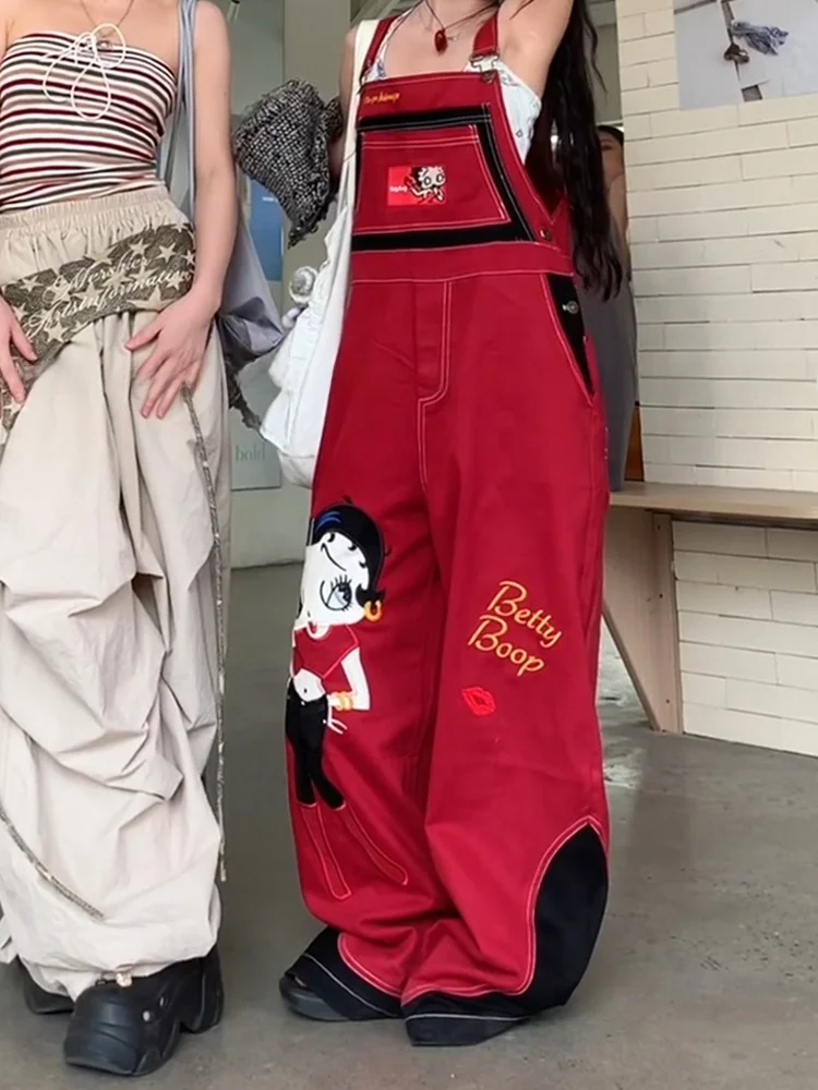 

American Hot Girl Design Unique Cartoon Print Denim Pants Women's Vintage School Sle Red Floor-Length Strap Pants