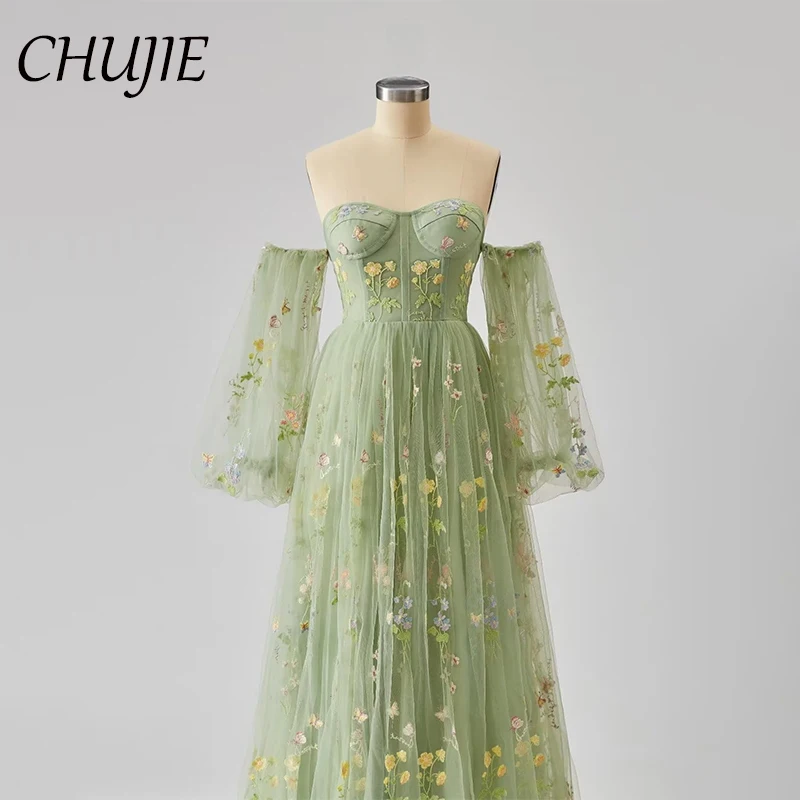 

EmbroideryPuff Sleeves Prom Dresses A Line Pleated Cocktail Evening Dress Customized Formal Wedding Evening Party Gown For Women