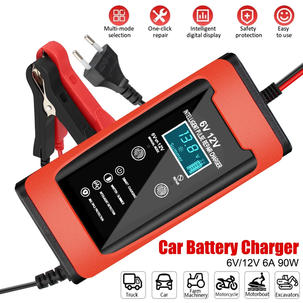 

Smart Fast Charge Cycle GEL Lead-Acid Charger Universal Car Battery Charger Pulse Repair LCD Display Auto Motorcycle 6V 12V 6A