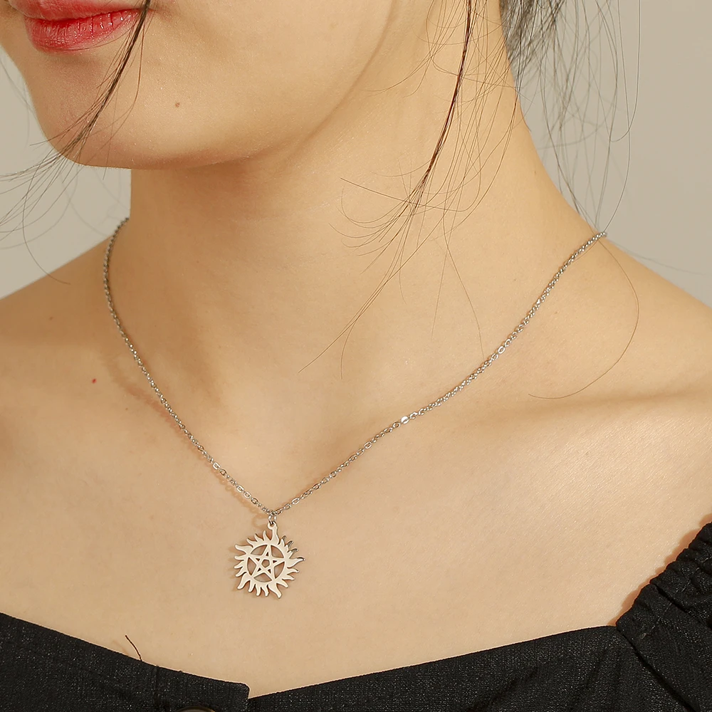 Shining‑Sun‑Pentagram‑Shape Stainless‑Steel Pendant Necklace Unisex for Women Men,Supernatural‑Dean Statement Box‑Chain Jewelry,Couple‑Style Occasion‑Ready