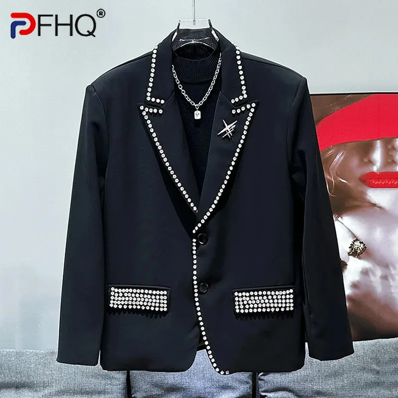 PFHQ Fashion Trend Men\'s Casual Versatile Suit Jacket Diamond Design Metal Decoration 2024 Long Sleeve Male Tops 21Z5454