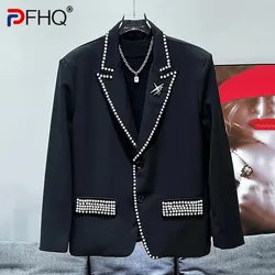 PFHQ Fashion Trend Men's Casual Versatile Suit Jacket Diamond Design Metal Decoration 2024 Long Sleeve Male Tops 21Z5454