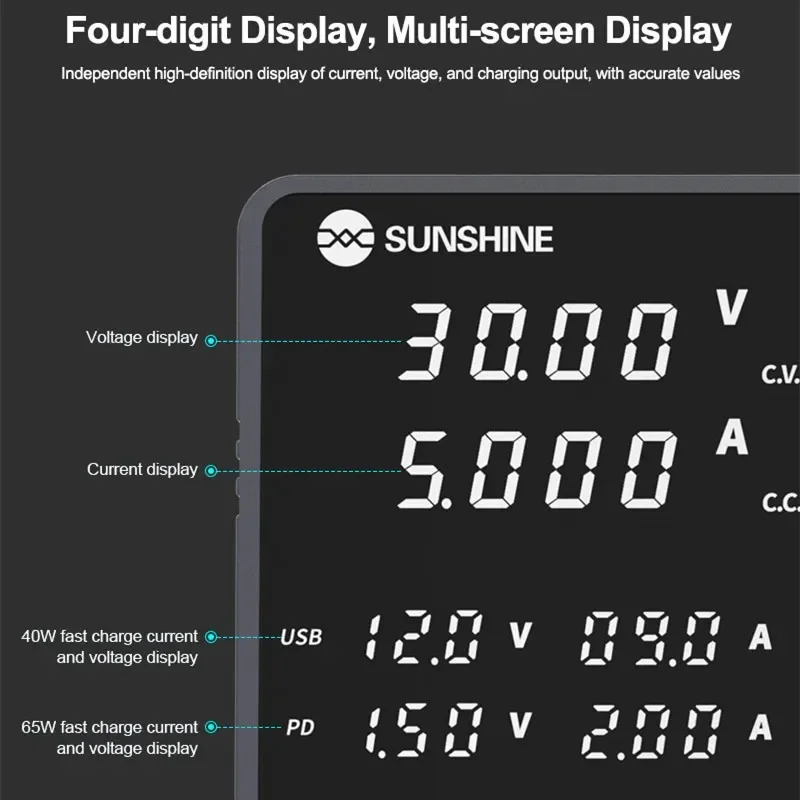 SUNSHINE P2 PRO Intelligent Regulated DC Power Supply with Four-digit Display 30V/5A Toroidal Transformer Fast Charging Station