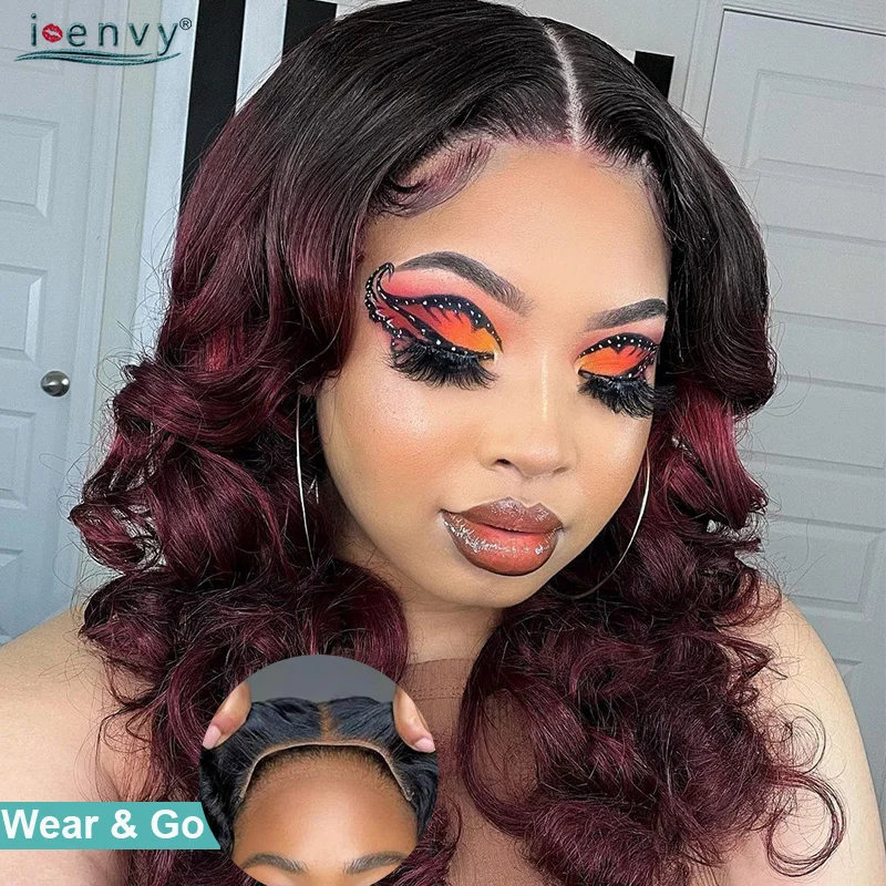 Burgundy Wear And Go Glueless Wigs Human Hair Body Wave Wigs For Women 4X4 Lace Closure Wig Ready To Wear Curly Human Hair Wigs