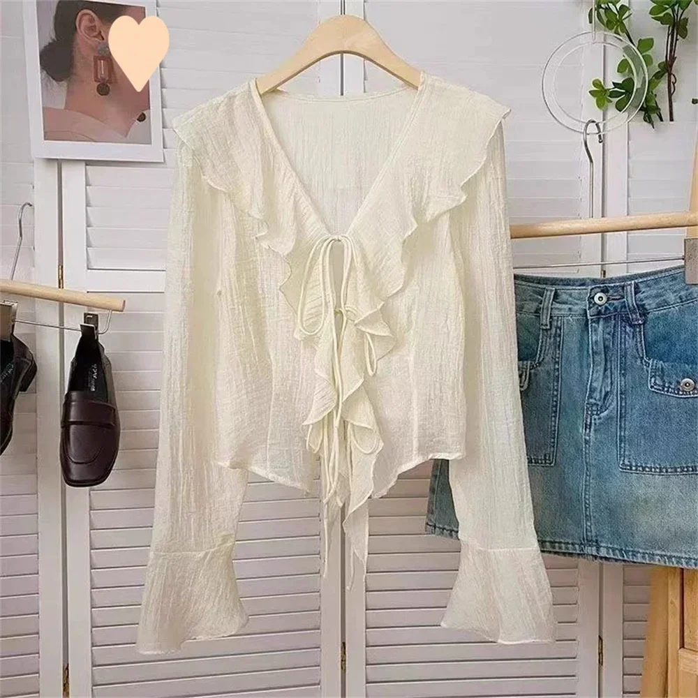 2026 Spring Blouses For Women Ruffled Flared Shirts Tops Vintage Shirt Femme Women's Thin Coat
