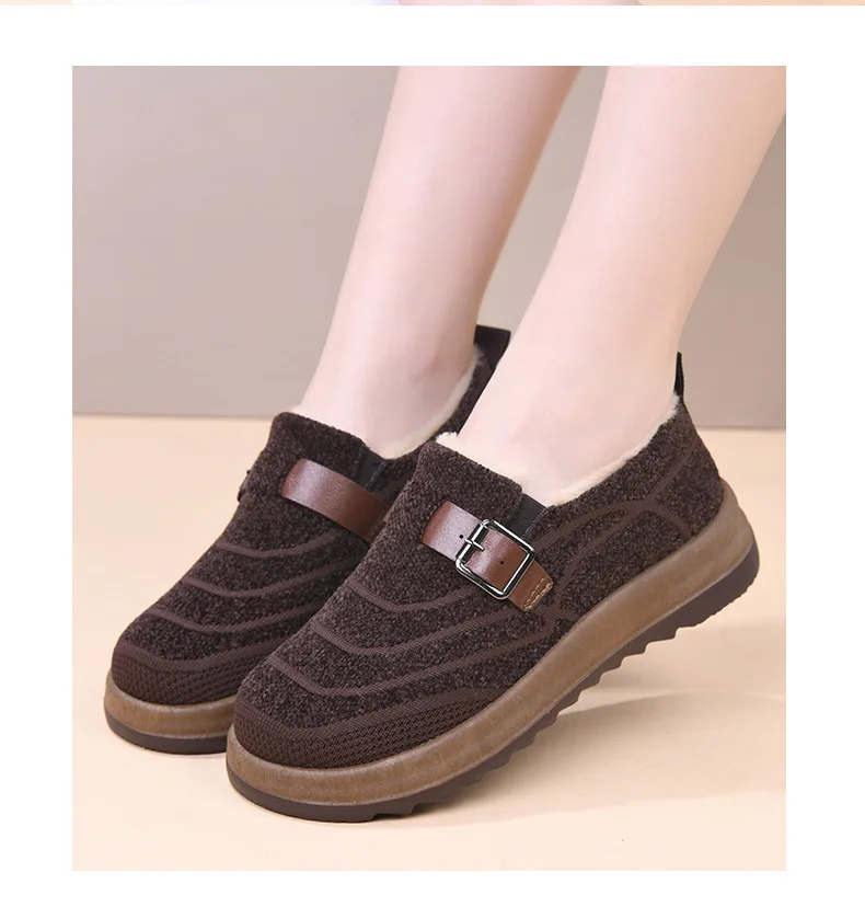 Damen-Winter-Loafer mit Fleecefutter, warme Slipper aus Strickstoff, rutschfeste Freizeitschuhe mit Schnallenriemen und dicker Plattformsohle – Detail 15