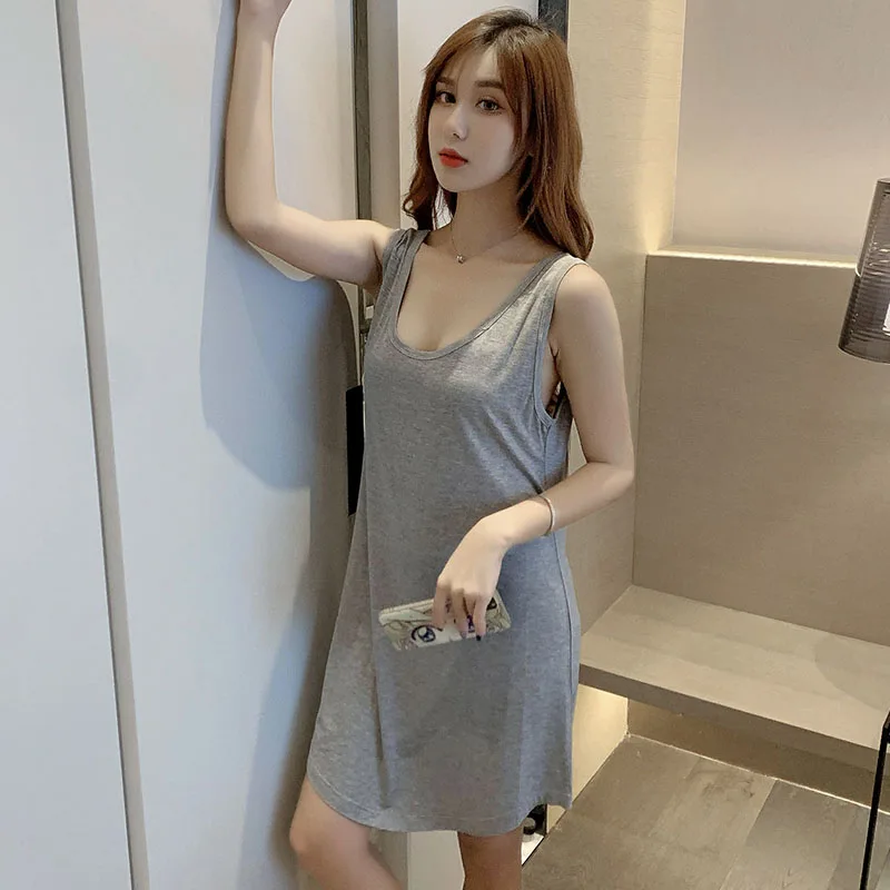 Modal Nightgown For Women 2024 Summer New Round Neck Backless Vest Sexy Pajamas Korean Solid Loose Casual Female Home Nightdress