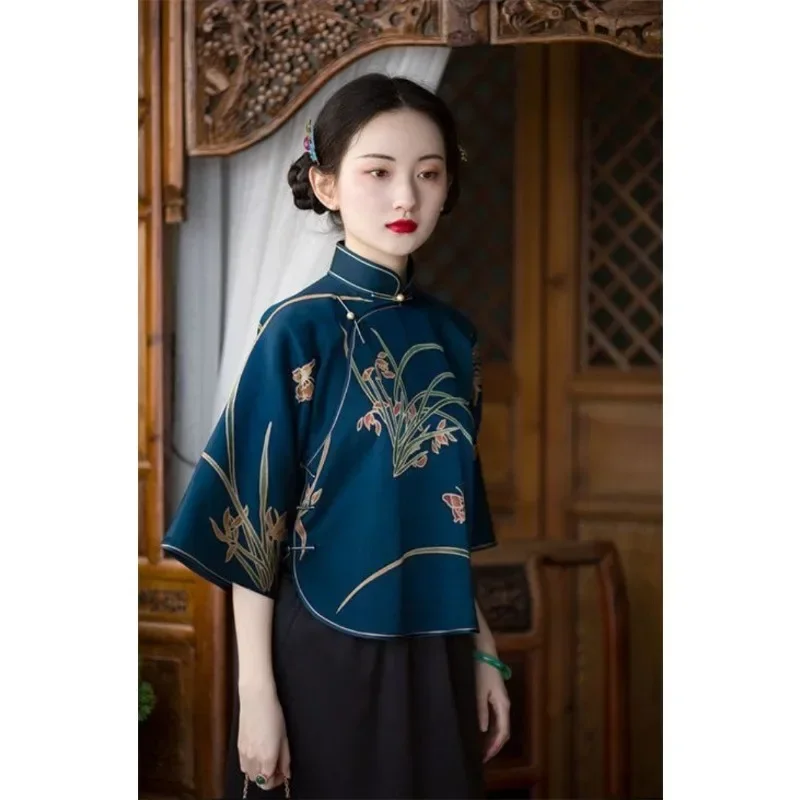 Retro Navy Blue Stand Collar Tang Suit Shirt Skirt Traditional Chinese Clothing for Women Casual Outfit Online Chinese Store