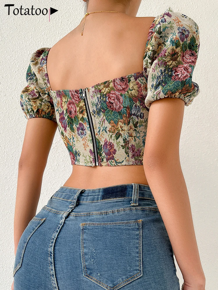 Totatoop Vintage Floral Print Fish Bones Corset Tops For Women 2024 Short Sleeve Deep V Neck Irregular Bandage Crop Tops Sexy