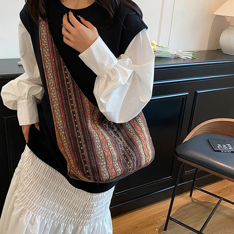 Damen Boho Chic Aztec Tote Bag Ethnic Sling Umhängetasche Schultertasche für Arbeit Reisen Lady Stricken Canvas Gypsy Hippie Bag – Detail 9
