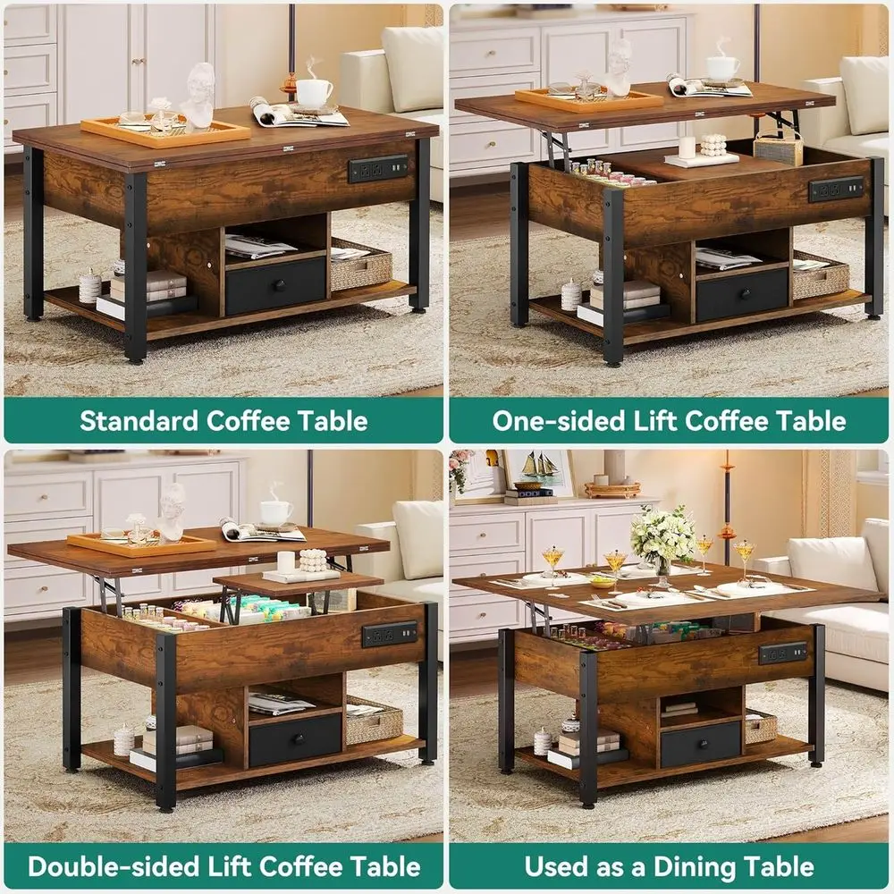 Multifunctional 4-in-1 Coffee Table with RGB Lighting, Power Outlets, Storage, and Dual Tops, Ideal for Dining, Gaming, and Offi