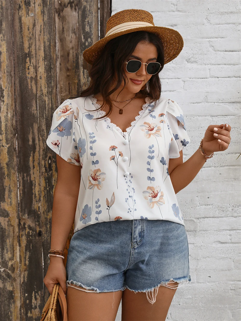 GIBSIE Plus Size Summer V Neck Lace Petal Sleeve Blouse Women Fashion Vintage Floral Print Button Casual Shirts Tops Female