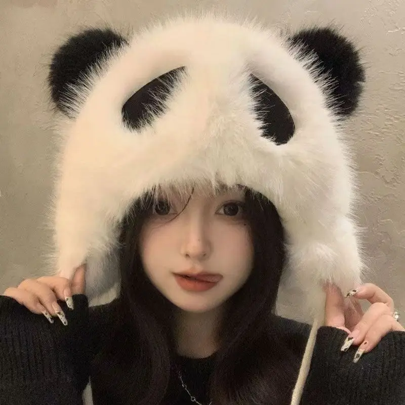 Cartoon Panda Ear Flap Hat, Winter Warm Fuzzy Cute Animal Hat for Women, Fashion Fisherman Hat
