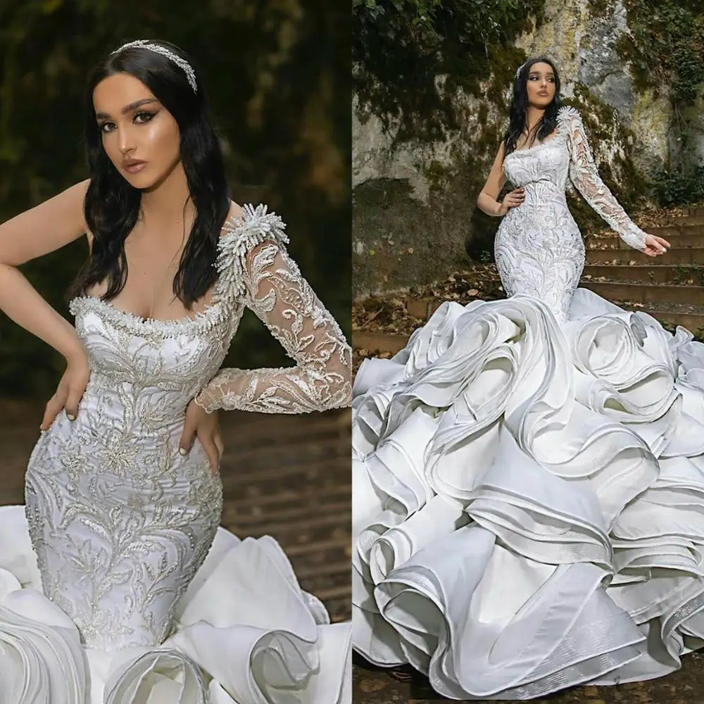 Ruffles Mermaid Wedding Dresses Plus Size One Shoulder Chapel Train Bridal Gowns Nigerian Arabic Marriage Dress Customized