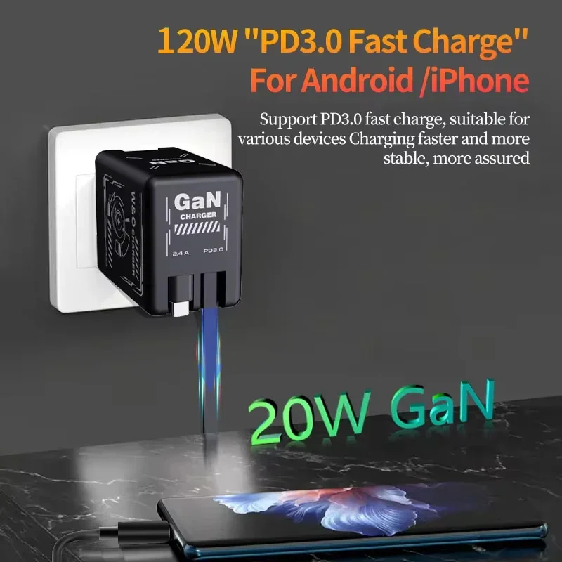 Nowa szybka ładowarka Lenovo GaN 120W z wysuwanym kablem Type-C, przenośny składany adapter do wielu urządzeń dla iPhone'a i Samsunga — zdjęcie produktu 6