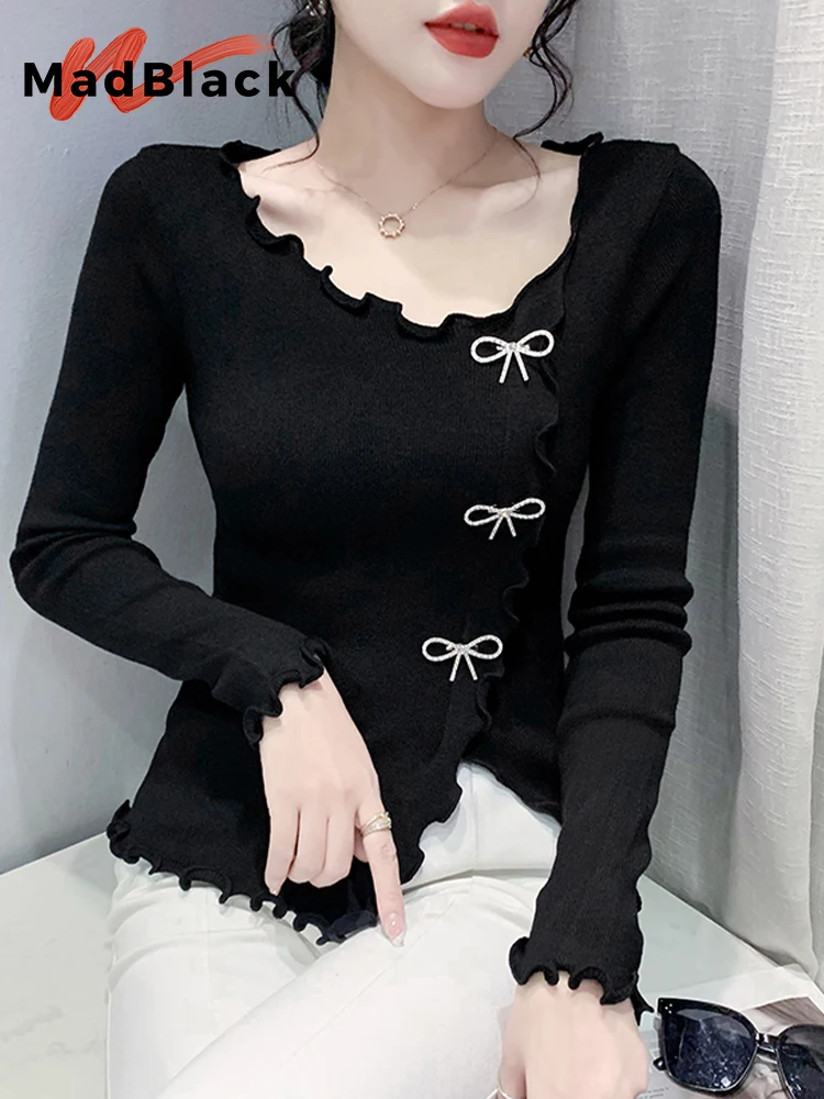 

MadBlack European Clothes Sweaters Women O Necks Ruffle Bowtie Diamonds Slim Knit Top Long Sleeve Pullovers Fall Winter T39834JC