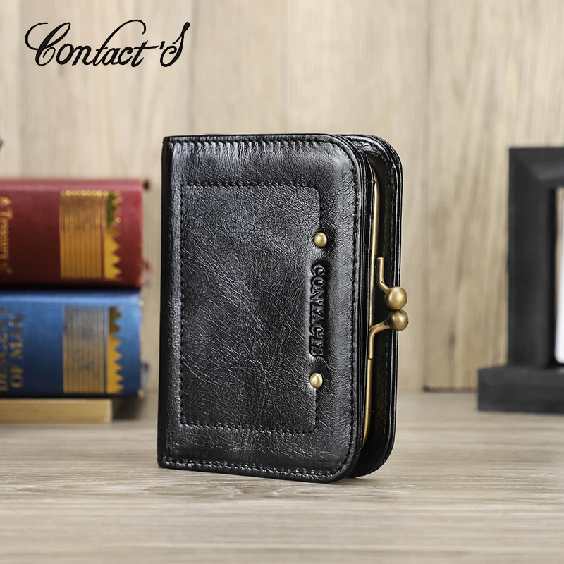 CONTACT\'S Genuine Leather Short Wallets for Women Kiss Lock Classic Wallet Metal Frame Coin Purses Card Holder Money Clip Bags