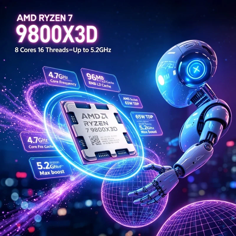 R7 9800X3D AMD Ryzen 7 Desktop CPU 8-Core 16-Thread 5.2GHz Boost 96MB Game Cache AM5 DDR5 4nm 120W Processor Tray No Fan
