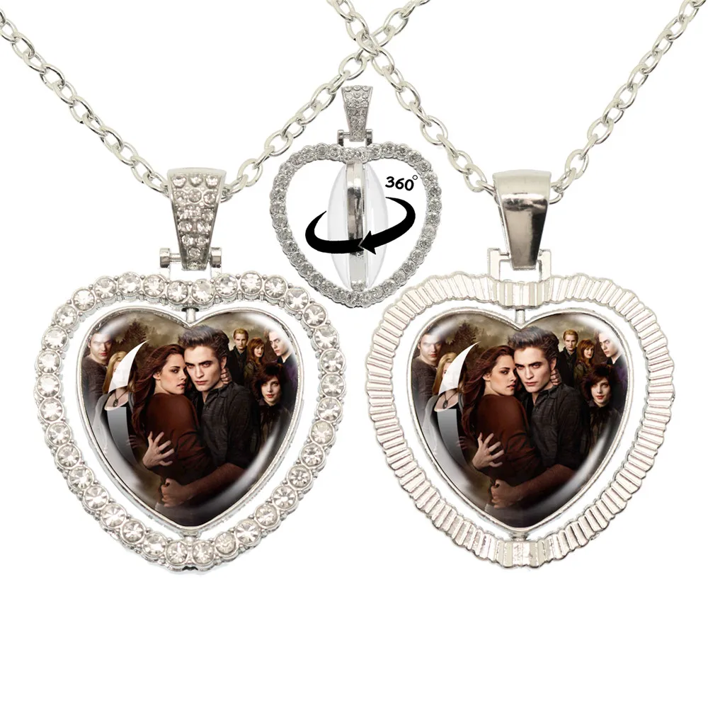 Twilight Movie Glass Heart Pendant Double Sided Necklace 360 Degree Rotation Men Women Fashion Accessories Jewelry Gift