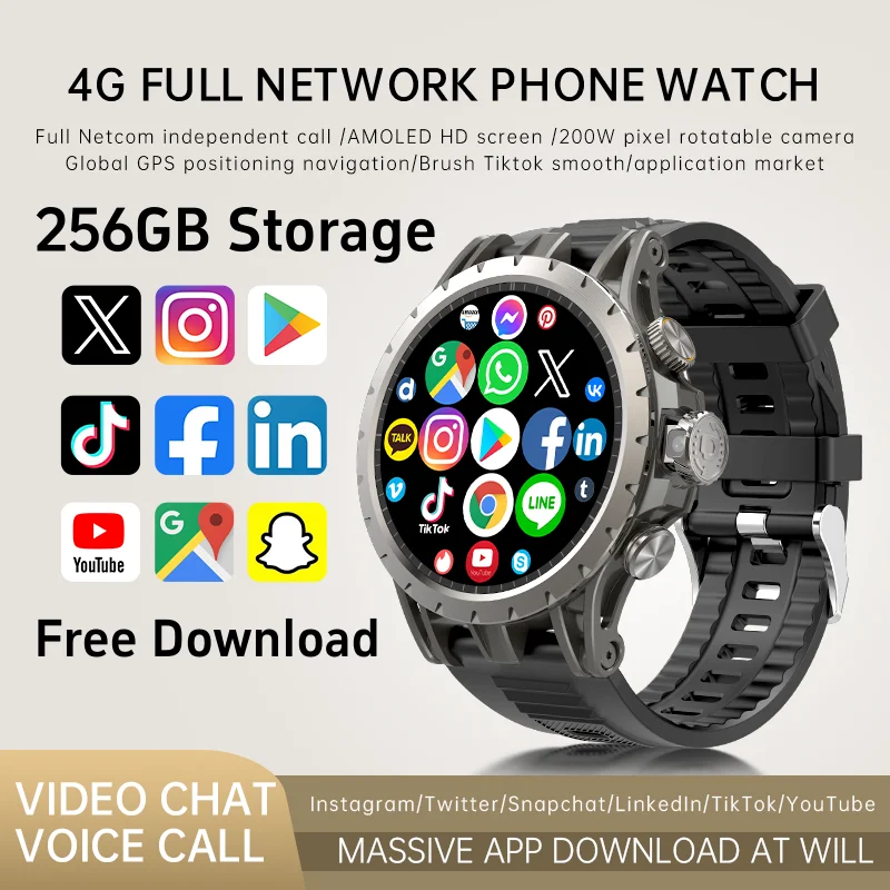 4G Full Network Android 9.0 4G Smartwatch 1.43\'\' Amoled Screen Display 16GB+256GB GPS WIFI Video Call Rotary Camera Smart Watch