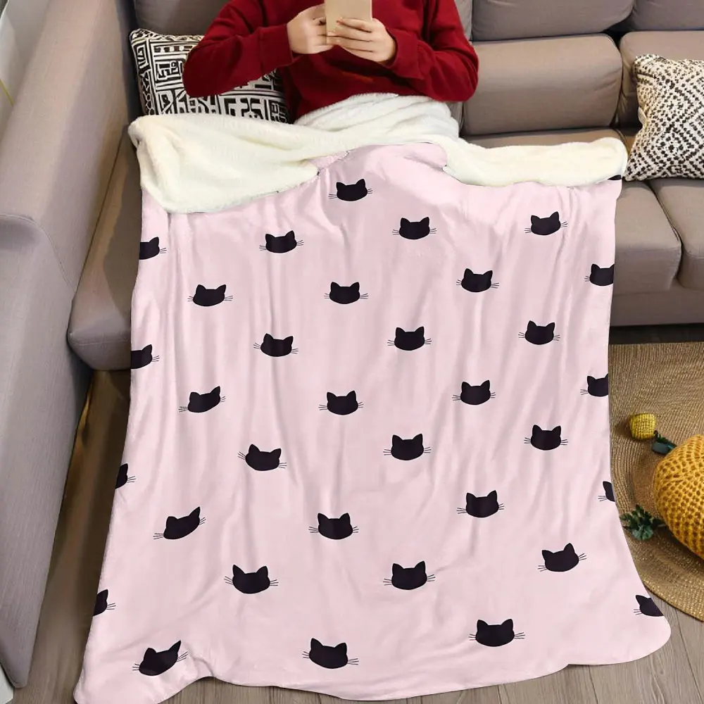 Pink Cat Silhouette Flannel Blanket Warm Soft Halloween Christmas Decorative Couch Warm Cozy All-Season Gift