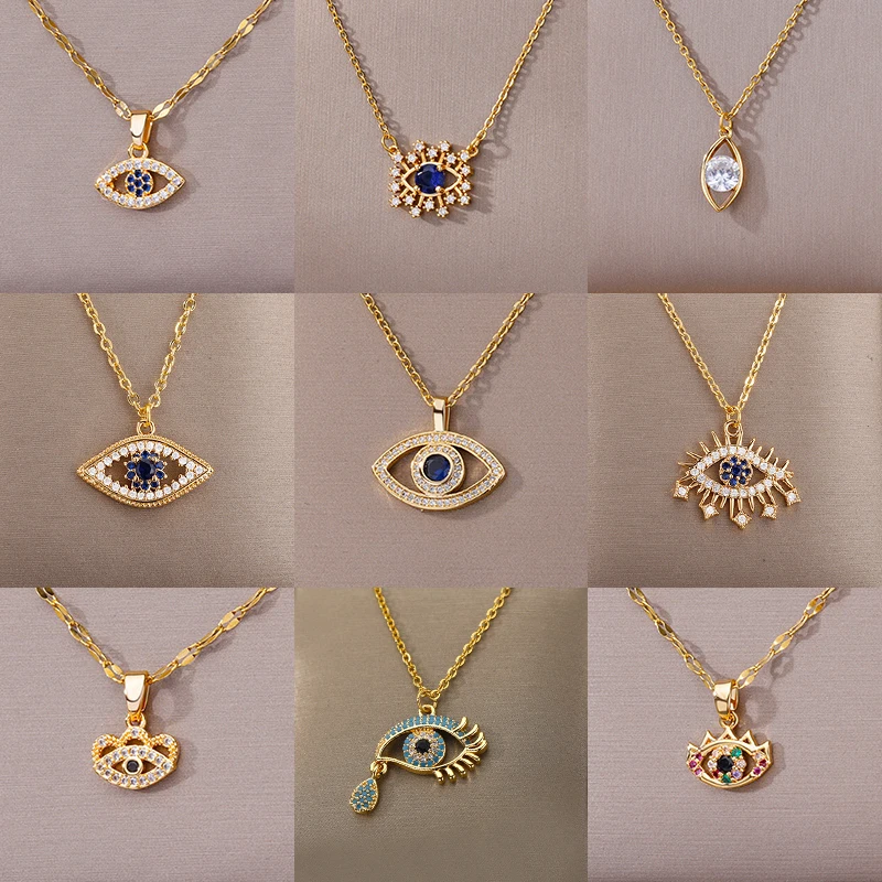 Zircon Blue Evil Eye Necklace for Women Gold Color Stainless Steel Turkish Eye Pendant Necklaces Lucky Jewelry Gift collier femm