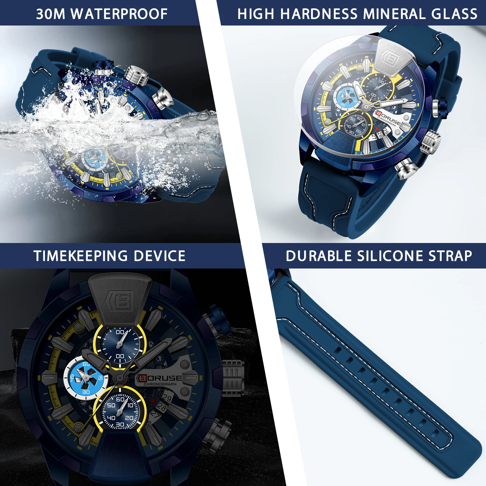 BORUSE Business Chronograph Blue Watches for Men Silicone Waterproof Quartz Wristwatch Men Watch Reloj Hombre