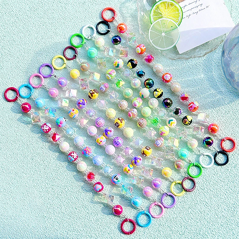 1PC Cute Hand Drawn Beaded Keyring Acrylic Color-Plated Keychain Bag Pendant Charms Earphone Case Decoration Accessories