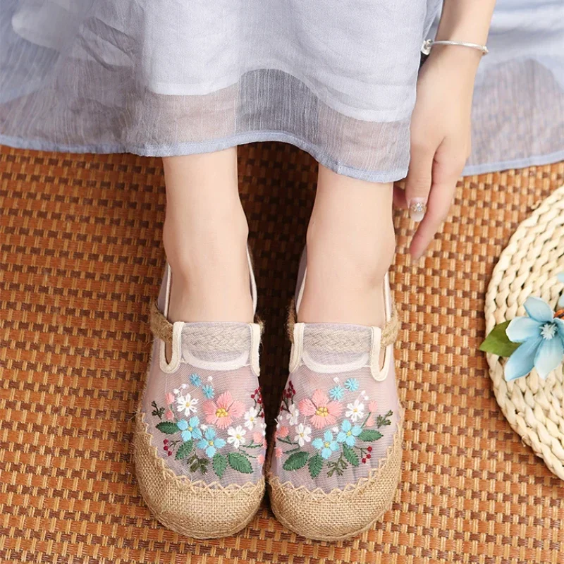 Ladies Linen Cotton Embroidered Loafers Comfortable Espadrilles Flat  Casual Mesh Colorblock Shoes