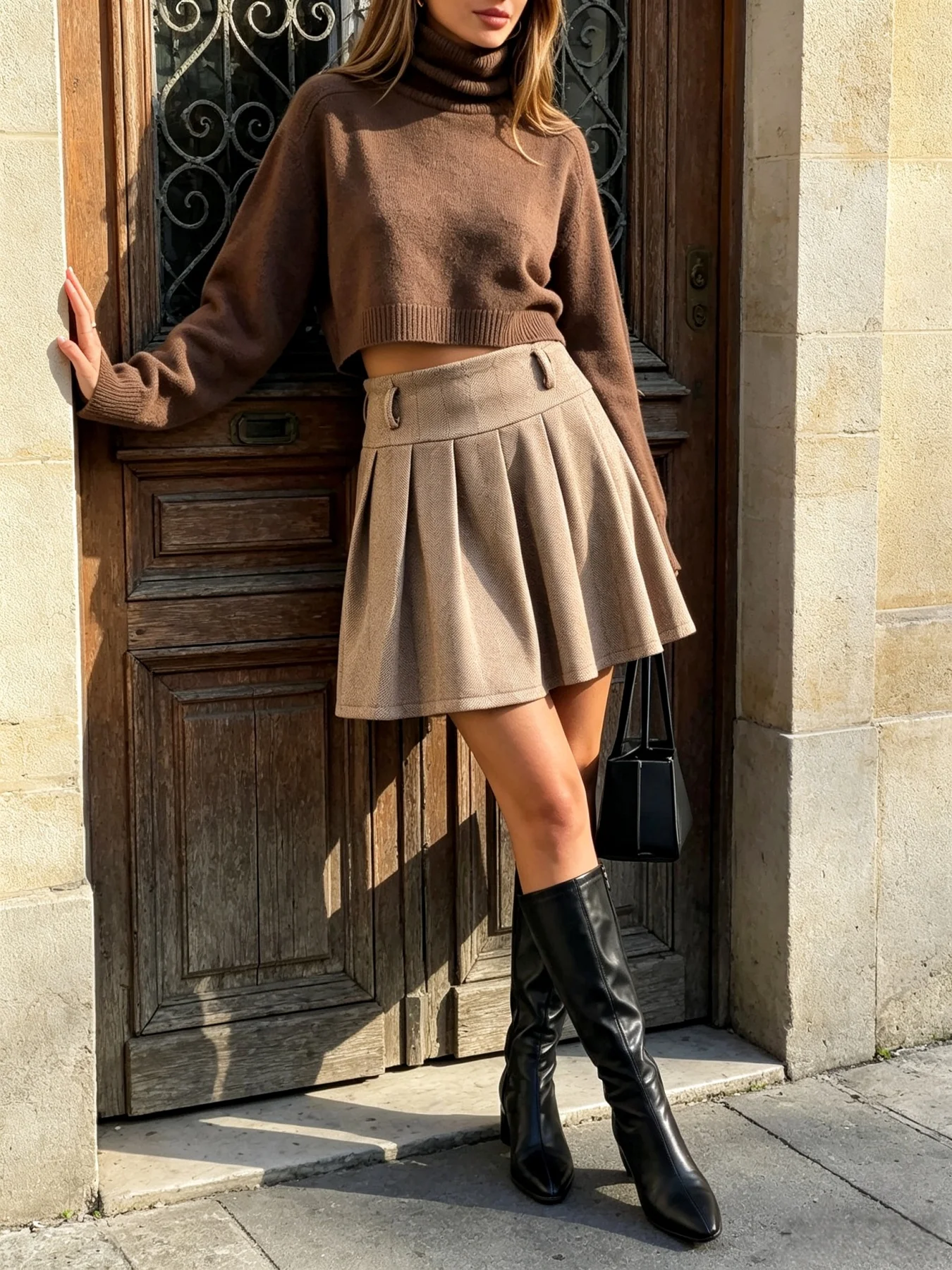 Damen Herbst-Winter Wollener Plissierter Minirock, Hochgeschnittener A-Linien-Kurzrock, Vintage Lässiger Ausgestellter Rock – Detail 6