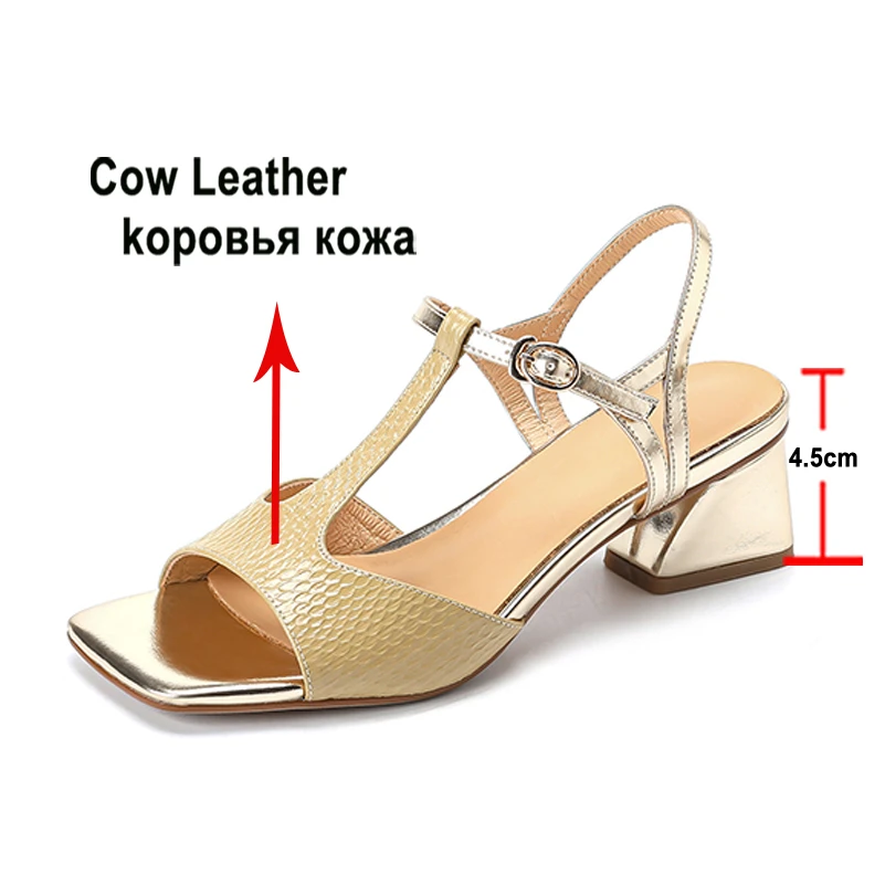 Dilalula Women Genuine Leather T-Tied Sandals Square Toe Chunky Mid Heel Buckle Ladies Dress Shoes Summer Yellow Green Beige