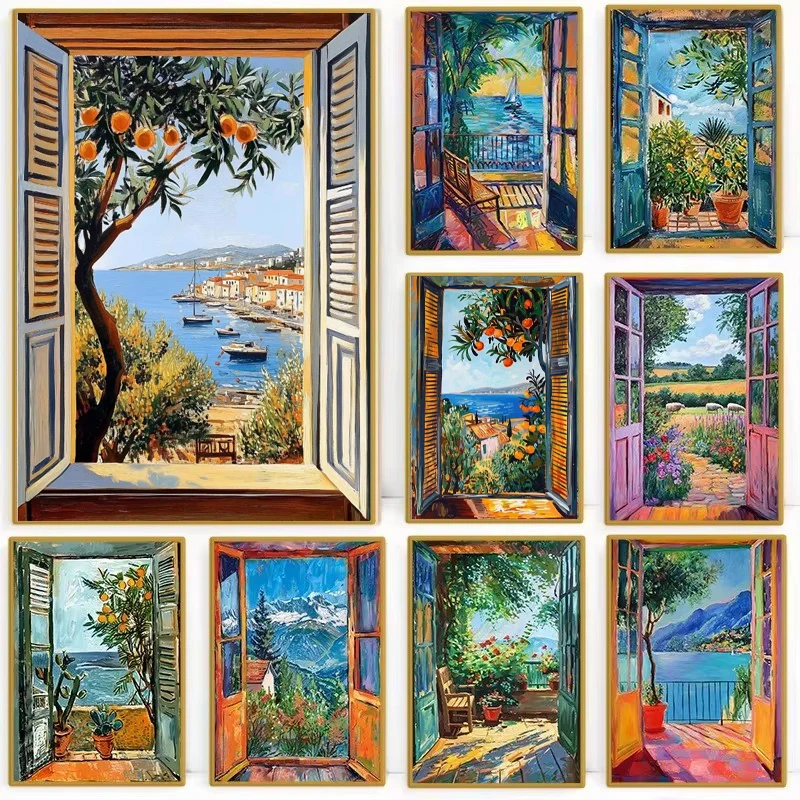 1pc frameless Canvas Painting Open Window Henri Matisse Canvas Print Fauvism Style Modern Artwork Mediterranean Sea Orange Tree