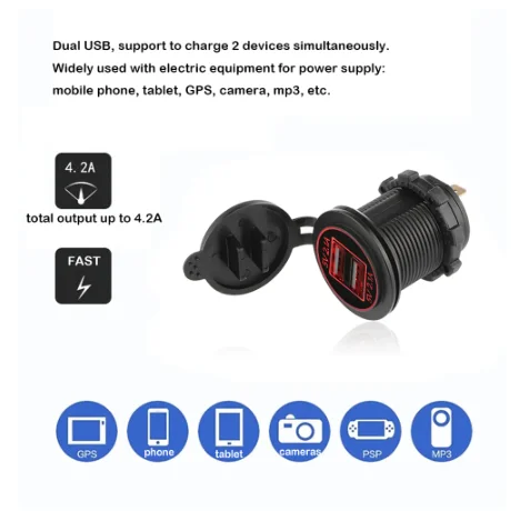 4.2A dual USB car charger socket 12V/24V fast charging socket power adapter suitable for truck, ship, ATV motorcycle, car