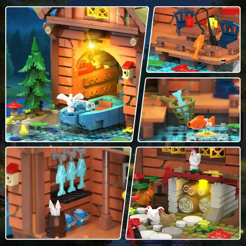 Set da costruzione per cabina in legno illuminato, 2423 pezzi, blocchi per case della foresta con barca, bici, animali, kit albero per età superiore ai 12 anni
