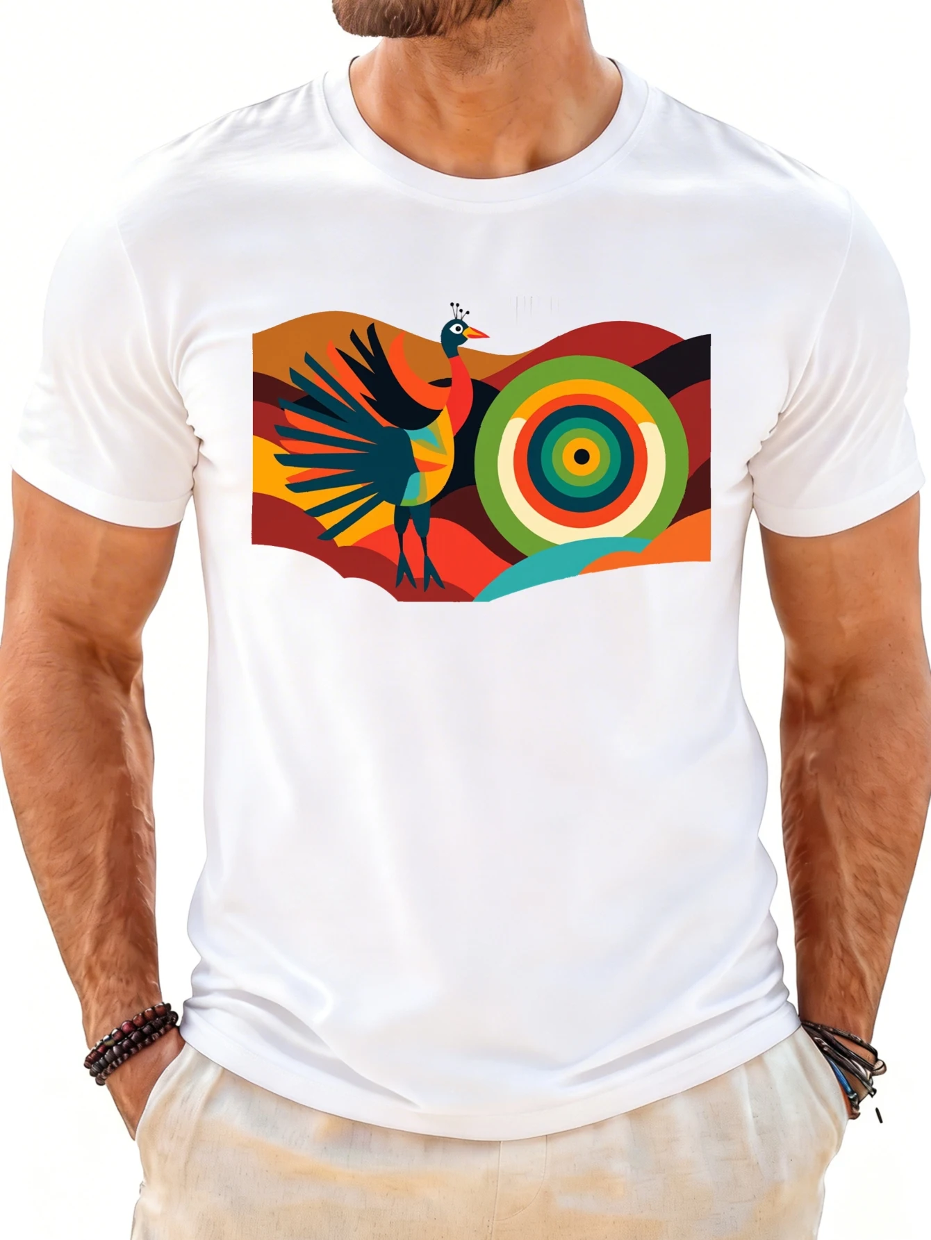 Men's Graphic T-Shirt - Breathable, Soft, Lightweight - Colorful Bird and Bullseye Design - Vintage Fun Pattern Casual Short Sleeve Summer Top, Great Gift for Him