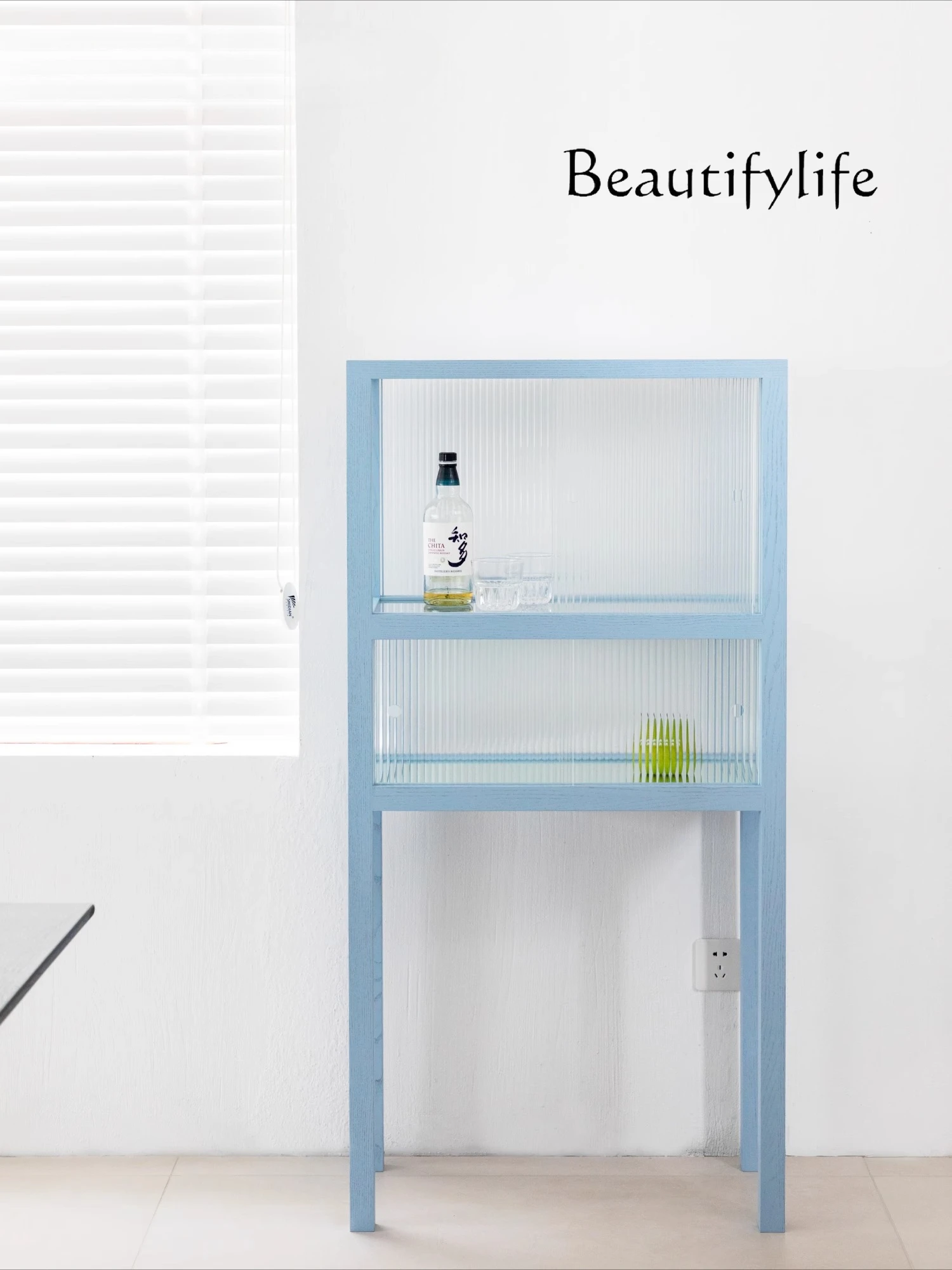 

High Foot Color Modern Blue Side Cabinet Solid Wood Ash Wood Bucket Cabinet Glass Wine Cabinet NEW