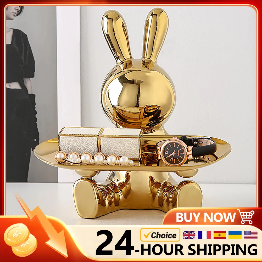 

Ceramic Bunny Statue Storage Ornament Crafts Electroplating Rabbit Statues Storage Tray Christmas Gifts for TV Cabinet Office