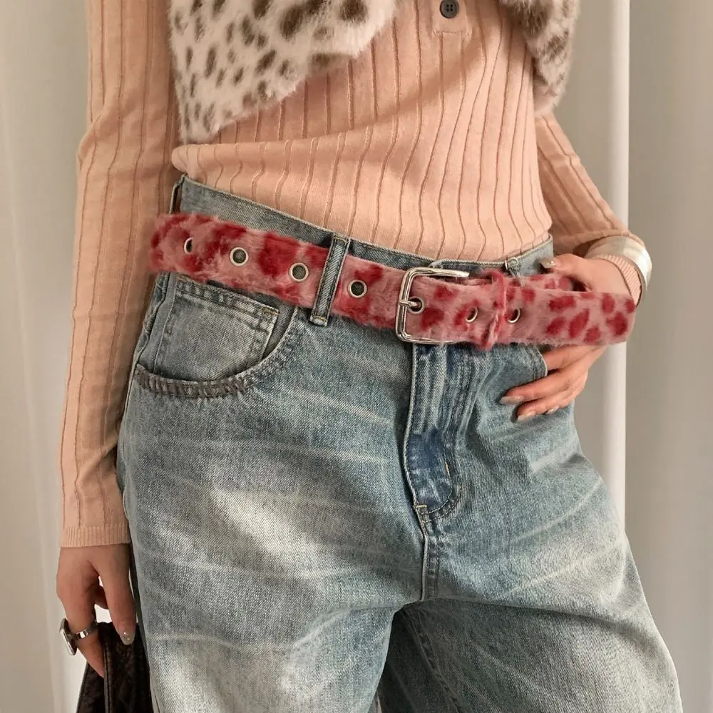 

Повседневный регулируемый ремень с леопардовым принтом в стиле Харадзюку, корейский ретро-ремень Y2K, розовый пояс из искусственного меха для джинсов, женский