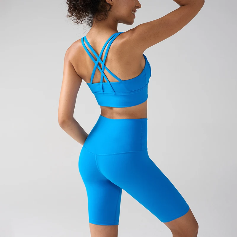 Women's 2 Piece Yoga Gym Sports Clothes Set Cross Back Bra Top with High Waist Shorts Fitness Running Workout Tracksuit