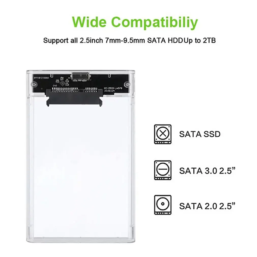 Transparente Caso Disco Rígido Externo, Caixa de Disco Rígido, HDD, SSD Shell Boxes, USB 3.0, Porta Serial SATA, 2.5"