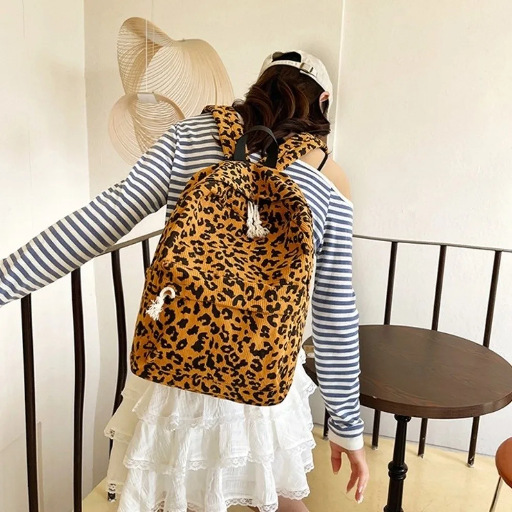 Corduroy Leopard Print Backpack Harajuku Lightweight Students School Bag Large Capacity Adjustable Shoulder Straps